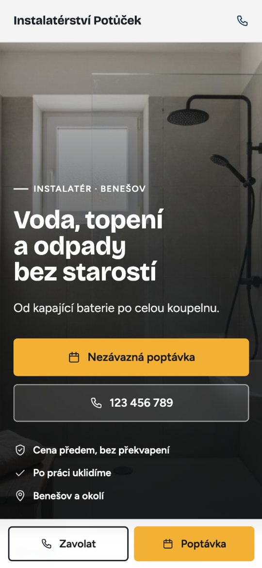 Ukázka webu Instalatérství Potůček v mobilu
